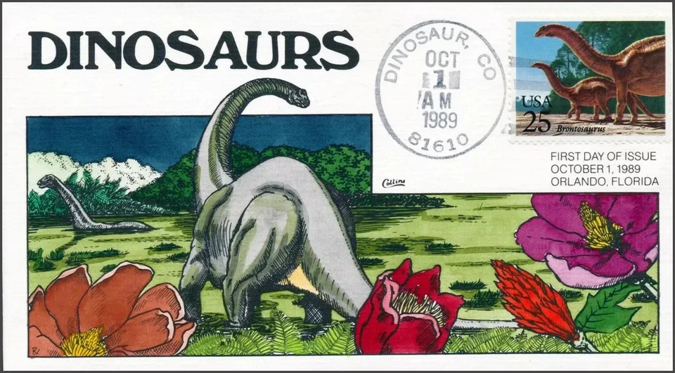 Dinosaurs Brontosaurus 25c Stamp FDC Handpainted Collins#L1605 - Image 1 of 1