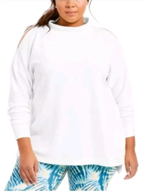 Ideology Sweatshirt Ribbed Mock Neck Cold Shoulder Plus White Sz 1x 430