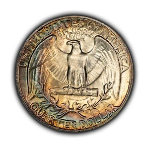 1954 25c Silver Washington Quarter - Rainbow Crescent Toning - BU - SKU-Z4403 - Picture 1 of 14
