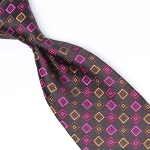 XMI Platinum Mens Silk Necktie Brown Bronze Gold Magenta Pink Check Woven Tie  - Picture 1 of 7