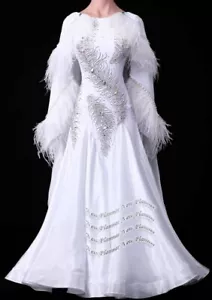B8695 Mujer Baile Vals Tango Estándar Vestido de Baile UK10 US 8 Blanco Mangas - Imagen 1 de 5