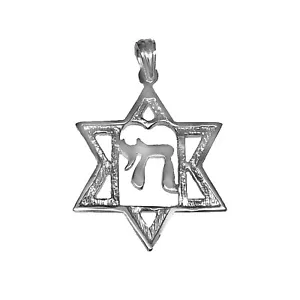14k Solid White Gold Jewish Star of David Pendant with a life (chai) חי - Afbeelding 1 van 4