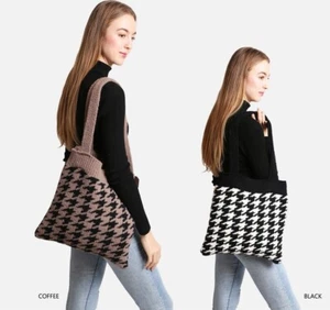 ComfyLuxe Houndstooth Pattern Knitted Small Tote Bag - Picture 1 of 9