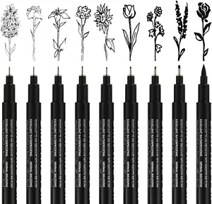 Fineliner Pens, 9 Art Pens Set Waterproof Archival Inking Markers Art Pen for Sk - Picture 1 of 6
