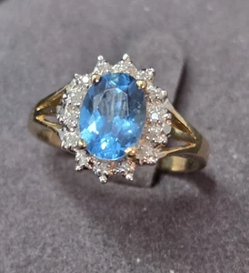14k Yellow Gold Ring Size 6 Large Blue Topaz 12 Diamonds 2.85g - Picture 1 of 17