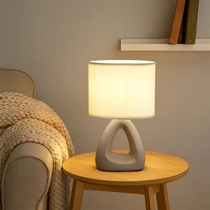 Tischlampe Tischleuchte Nachttischlampe Keramik Beistelllampe Textil grau LED - Bild 1 von 12