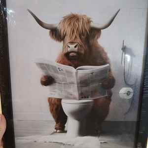 Framed Funny Bathroom Wall Art Bull Sitting On the Toilet Reading Newspaper  - Picture 1 of 8
