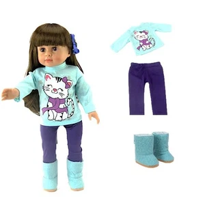 Doll Clothes 18" Pants Purple Top Turquoise Kitten Boots Fit American Girl Dolls - Picture 1 of 5