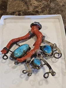 Ciondolo vintage grande Zuni turchese e ramo corallo cerimoniale sterling *79,2 gr - Foto 1 di 24