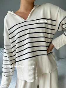 ZARA ECRU OVERSIZED STRIPED FINE KNIT SWEATER POLO COLLAR RIBBED JERSEY JUMPER M - Picture 1 of 24
