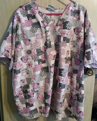 Scrubs H.Q. SCRUBS TOP Womens  Plus Size 3XL V-Neck Breast Cancer Theme - Image 1 of 4