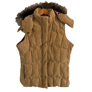 Vtg Eddie Bauer Goose Down Brown Suede Leather Puffer Vest Womens M Faux Fur - Picture 1 of 21