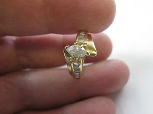 14K Solid Yellow Gold .50 Ct Marquise & Baguette Diamond Accent Engagement Ring - Picture 1 of 8
