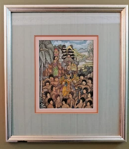 Acquerello vintage Bali indonesiano dipinto a mano opera d'arte originale incorniciato - Foto 1 di 7