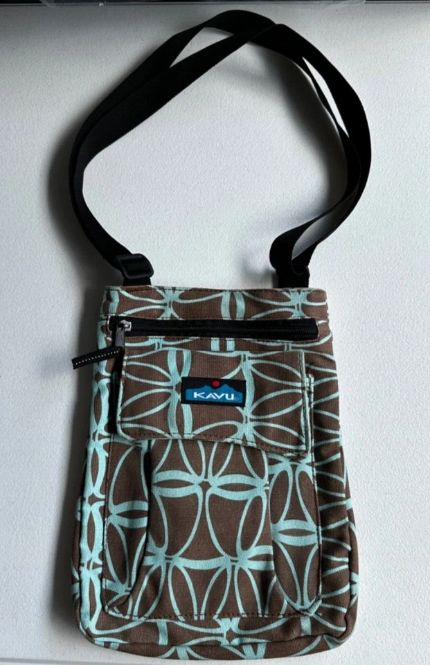 KAVU Keepalong Marrón Azul Estampado Cuerda Eslinga Pequeño Bolso de Lona Cartera Geo 11x9 Foto 1 de 4
