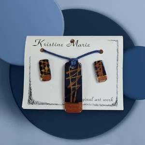 Juego de collar y pendiente Kristine Marie hecho a mano joyería de cerámica azul y marrón - Imagen 1 de 2