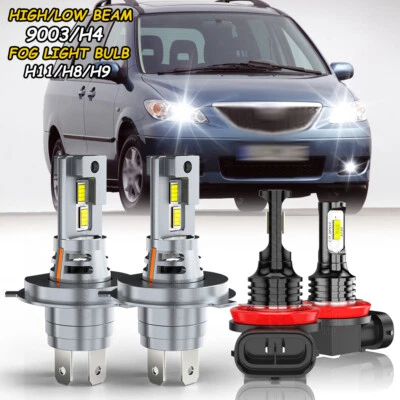 适用于马自达 MPV 2004 2005 2006 4X LED 车头灯高/低光束 + 雾灯泡套件 6000K — 第 1/4 张图片