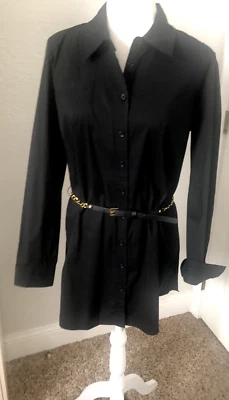 New INC Intl Concepts 10 M Black Button SHIRT DRESS Shift L/S Chain Belt Tunic - Image 1 of 4
