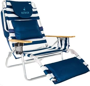 Large Striped Beach Chair With Lumbar Pillow And Adjustable Footrest - Picture 1 of 10