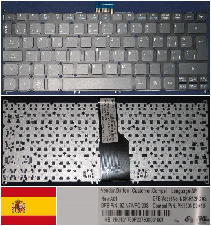 Keyboard qwerty Spanish Acer Aspire S3 S5 NSK-R12PC 0S 9Z.N7WPC.20S PK130NS2A18 - Image 1 of 1