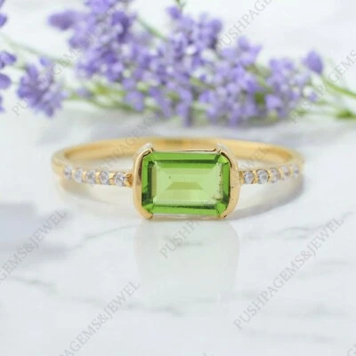 925 Sterling Silver 7x5 mm Emerald Cut Natural Peridot Ring Cubic Zirconia - Image 1 of 4