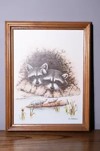 Vintage Framed Art Raccoons Watching Turtles Collectible Serigraph Art C. Carson - Picture 1 of 8
