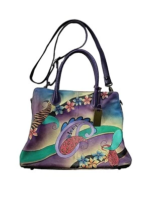 Bolso de Mano Bandolera Anuschka Mediano Floral Cuero Cachemira Cremallera Lateral Púrpura Verde Foto 1 de 4