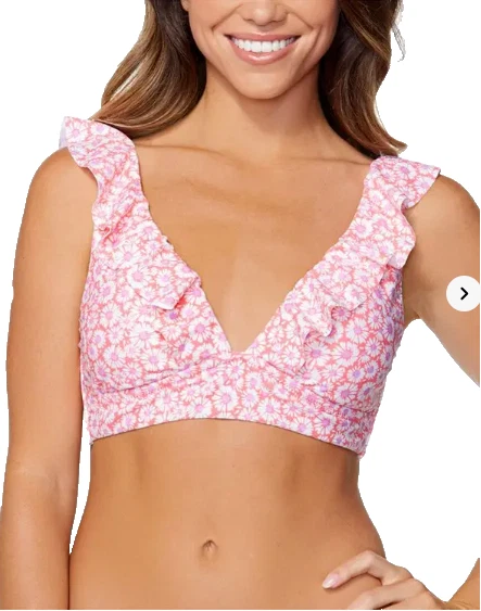Raisins Cannes Ruffled Floral Bikini Top Juniors L Pink/Coral V-Neck  (a174) - Image 1 of 3
