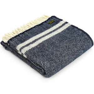 TWEEDMILL TEXTILES 100% Wool Sofa Throw Blanket FISHBONE NAVY BLUE/SILVER STRIPE - Picture 1 of 12