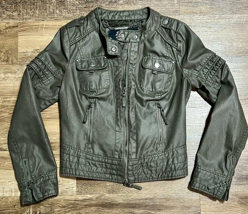 VETEMENTS Giacca Moto Blanc Noir Biker Zip Finto Collare Tasche Verde Donna Taglia Media