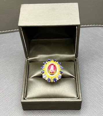 A Superb 红宝石和蓝色蓝宝石钻石 22K 金色 vermeil 戒指 — 第 1/4 张图片