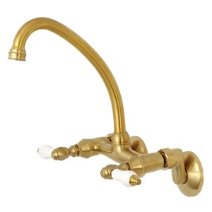 Grifo de cocina estándar Kingston de 2 manijas para montaje en pared en latón cepillado - Imagen 1 de 7