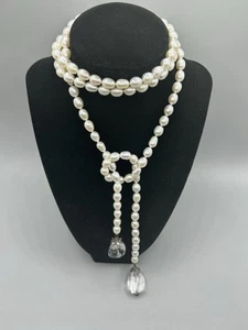 Genuine Freshwater White Pearls & Clear Stones: Lariat Necklace ~ Fabulous - Picture 1 of 8
