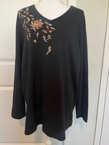 Top tunica vintage Bechamel donna nero manica lunga ricamato floreale 1x 100% cotone - Foto 1 di 7