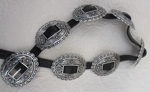 Cinturón DE COLECCIÓN BRIGHTON NEGRO cuero FLOR PLATA CONCHOS talla 30/32" - Imagen 1 de 14
