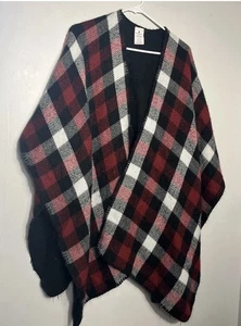 WOOLRICH TALLA UNICA Karo Poncho Cape Schal Tuch Wende schwarz rot weiß - Bild 1 von 3