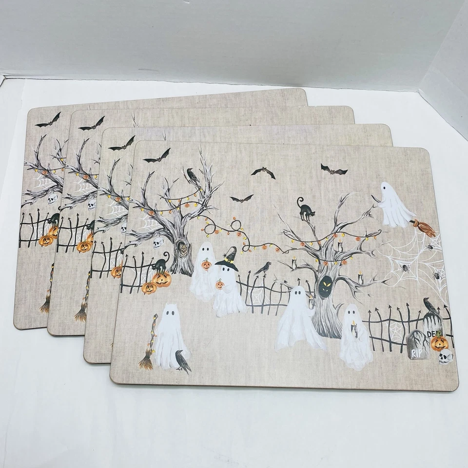 Pottery Barn Scary Squad Halloween Ghosts Hardmat Cork-Backed Placemats Set of 4 - Image 1 of 4