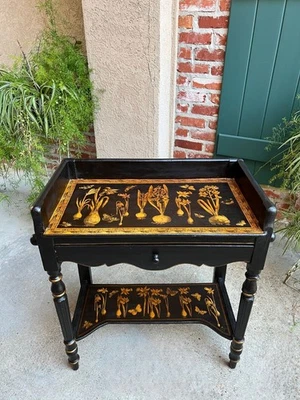 Antique English Sofa Side Table Decoupage Botanical Floral Black Gold c1890 - Image 1 of 4
