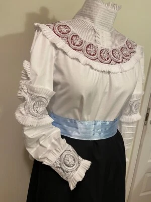 Hecha a mano estilo victoriano mujer blusa camisa manga hinchada cuello alto, tallas 4-30 Foto 1 de 4