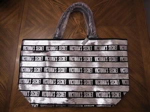 NWT $68 VICTORIA'S SECRET Black/Silver Sequins Logo Shopping Bag + Cosmetic bag - Picture 1 of 3