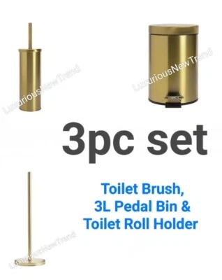 3pc Gold Shade Metal Bathroom Set Toilet Brush Tissue Roll Holder 3L Pedal Bin😍 - Image 1 of 4