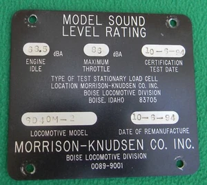 Morrison Knudsen Train Locomotive Sound Level Rating Sign Plaque - Picture 1 of 1