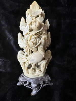Piedra de jabón china vintage tallada a mano pájaro fénix grande y flores Foto 1 de 4
