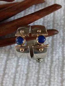 Creolen Sterlingsilber & 14 Karat Gelbgold blauer Lapis Cabochon Stein - Bild 1 von 8