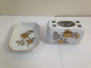 Vtg Porcelain Bathroom Set Rose Soap Dish Toothbrush Holder Irice IWrice Japan - Picture 1 of 12