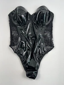 Victoria's Secret Lightly Lined Lace Teddy Bodysuit Shinny Faux Leather XL NWT - Picture 1 of 14