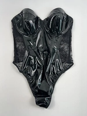 Victoria's Secret Lightly Lined  Lace Teddy Bodysuit Shinny Faux Leather XL NWT - Image 1 of 4