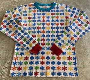 Hanna Andersson Boys Blue Green Red Snowflakes Long Sleeve Pajama Shirt 14 - Picture 1 of 8