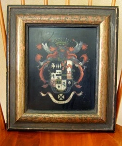 Antique Original Oil Painting on Wood Coat of Arms "Crux Mea Corona" Europe - Picture 1 of 12