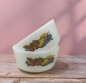 VTG Set of 2 Fire King Nature's Bounty 3.5” Custard Dish Fruit Design - Picture 1 of 7